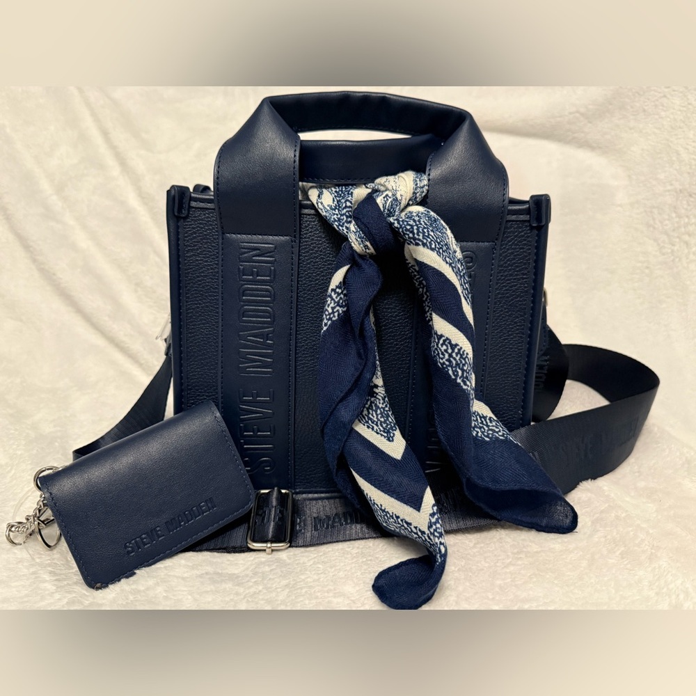 NWT Steve Madden BWEBBER-E Navy Satchel w/Adjustable Strap & Detachable Wallet